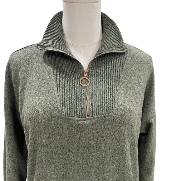Cozy Olive Green Quarter Zip Pullover Sweater Soft Knit Minimalist Loungecore - Picture 7 of 9